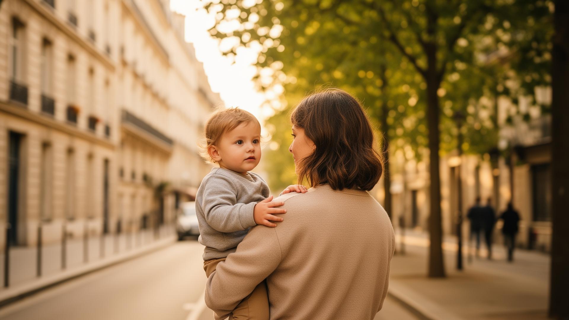 Un parent et son enfant dans une rue parisienne du Marais